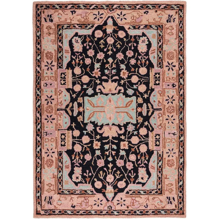 XXXLutz Webteppich Blossom Traditional, Rosa/Schwarz, rechteckig 160x230 cm, Retro Design, AZO-frei, Handmade in India, für Fußbodenheizung geeignet, thermofixierte Fasern