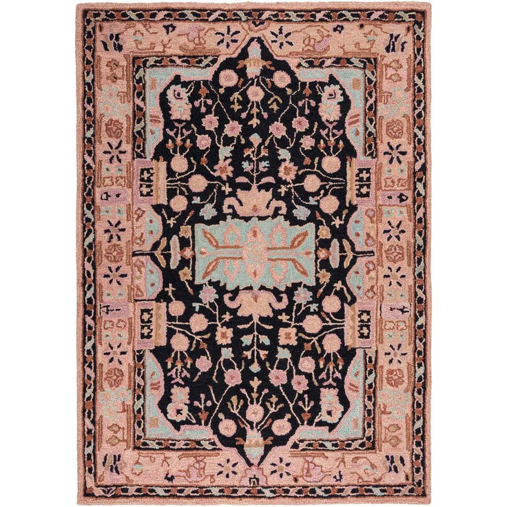 XXXLutz Webteppich Blossom Traditional, Rosa-Schwarz, rechteckig 200x290 cm, Handmade in India, AZO-frei, für Fußbodenheizung geeignet, Fasern thermofixiert (heatset)