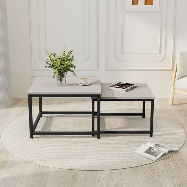 Hawthyhome 2er-Set Quadratischer Couchtisch Beistelltisch aus Holz mit Metallgestell, stapelbar & separat nutzbar, hochdichte MDF-Arbeitsplatte, moderne Industrie, wasserdicht & pflegeleicht, einfache Montage, für Wohnzimmer & Schlafzimmer, Weiß – Bild 8