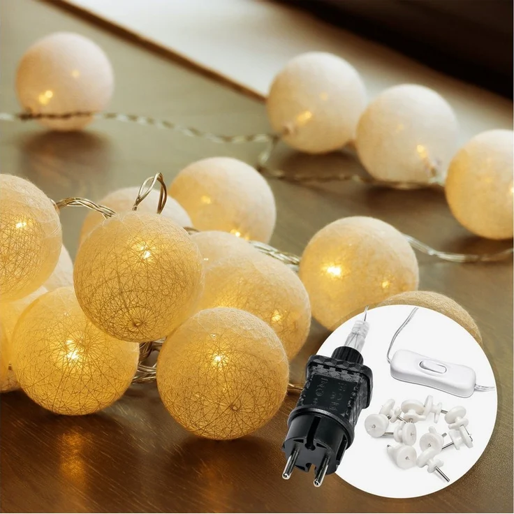 COZY HOME LED-Lichterkette Cotton Balls - Strombetrieben, 20 LED I 6m I Warmweiße LED-Cotton Ball I Hausbett Bunt Deko – Bild 5