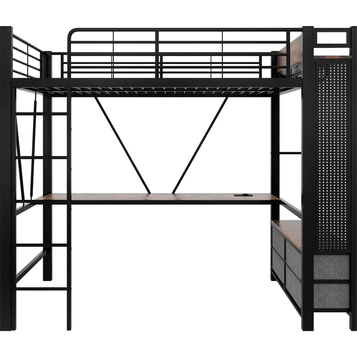Hochbett mit Schreibtisch, Schubladen, LED & USB/Steckdose, 90x200 cm, ohne Matratze, schwarz