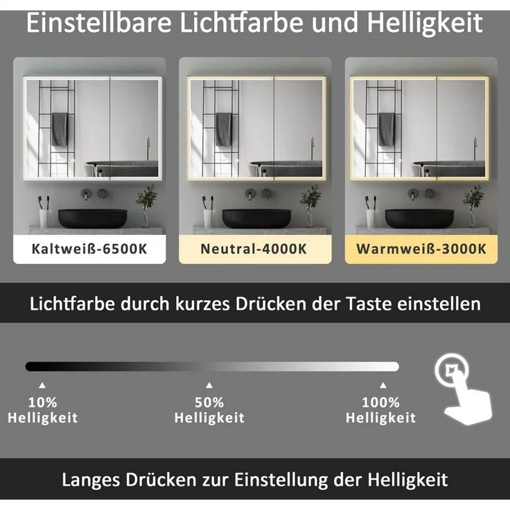 WDWRITTI Spiegelschrank 2türig 80x60x13,5cm Schwarz Metall Kalt/Neutral/Warmweiß Dimmbar (Badschrank Schwarz matt, 4mm Doppel Spiegel, Dimmbar, Anti-fog, Speicherfunktion) vormontiert geliefert, mit Netzadapter, 1,5m Kabel – Bild 4