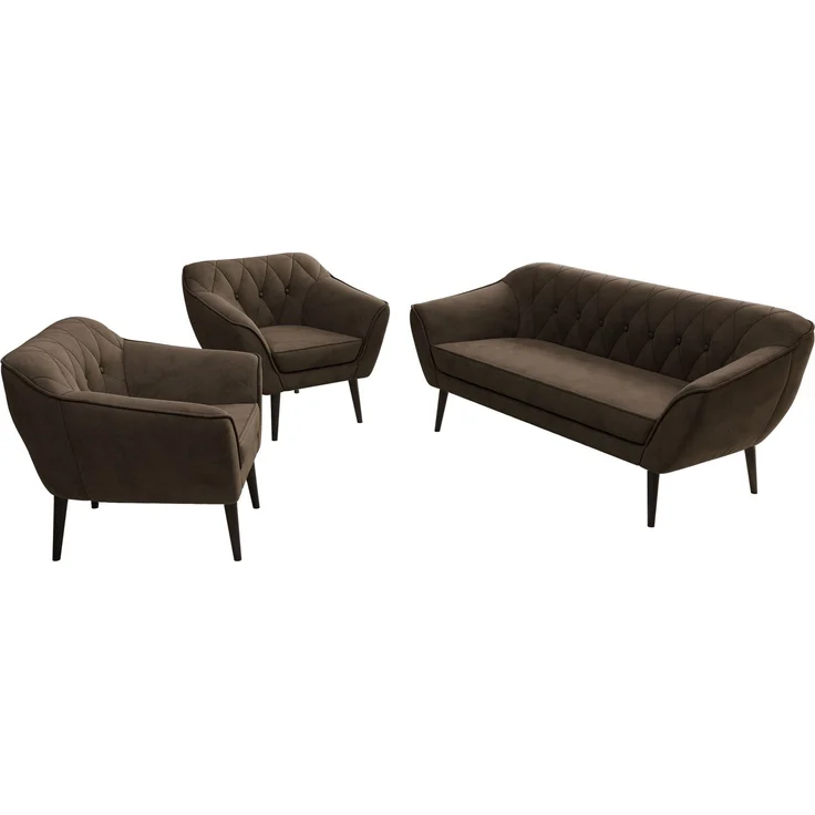 Wohnzimmerset PIRS 1-1-3, Skandinavisches 3-Sitzer Sofa mit Sesseln, Sofa mit Wellenfederung, schwarze Füße, Skandinavisches Möbelset - Braun Velvet – Bild 8
