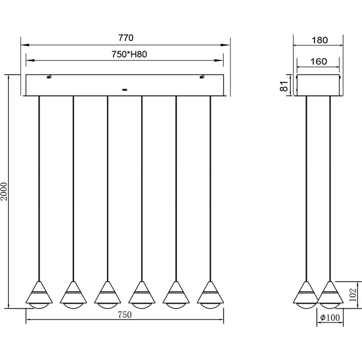 LED Pendelleuchte ROMEO höhenverstellbar, 6-flammig Silber, Breite 75cm – Bild 8