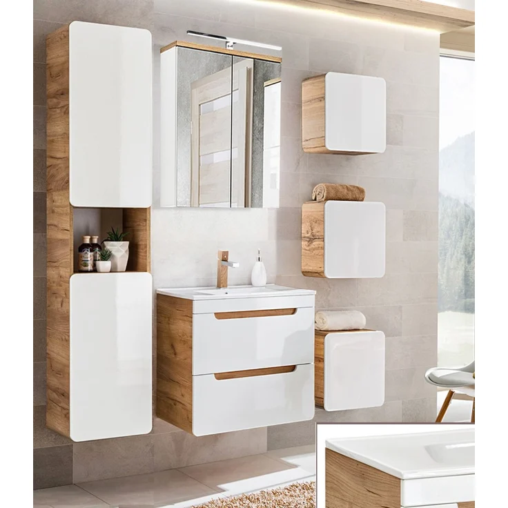 Badezimmermöbel Set inkl. 61 cm Keramik-Waschtisch LUTON-56 in Hochglanz weiß mit Wotan Eiche Nb, B/H/T ca. 160/200/46 cm – Bild 1