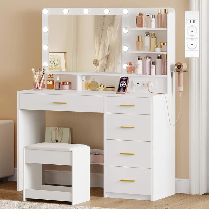 Schminktisch mit 10 LED-Beleuchtung, Hocker, Frisiertisch mit Große Spiegel, Schminktische mit Stecker, Und Haartrocknerhalter, Und Mehreren Schubladen, Weiß, 40 × 108 × 139cm – Bild 4