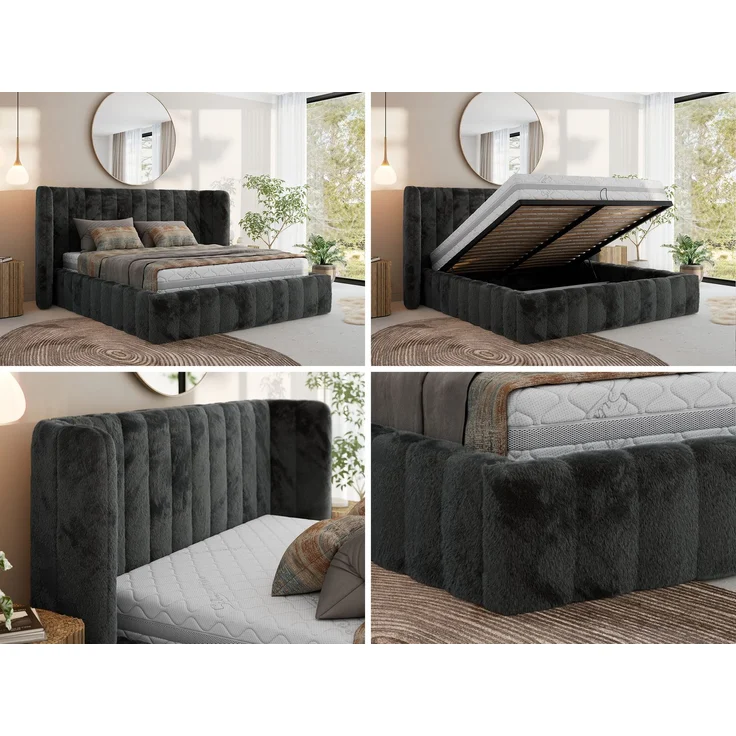 Polsterbett GOLETTA CLASSIC 140 x 200 cm mit gepolstertem Kopfteil, stabilem Bettrahmen, Lattenrost und Bettkasten mit Gasdruckfedern, Doppelbett, zeitloses Design - Dunkelgrau Plüsch – Bild 2