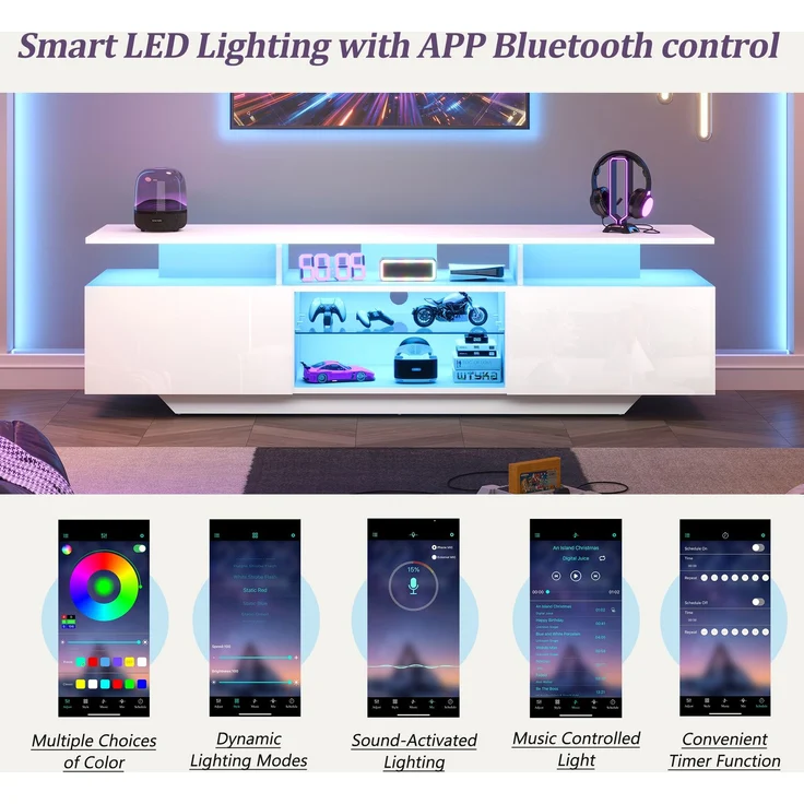 Merax 160cm Fernsehschrank,TV-Ständer mit 2 Schränken, Wohnzimmerschrank, Hochglanz-TV-Schrank mit LED-Lichtleiste, mit 8 Ablageflächen, 70-Zoll-Fernseher, Weiß – Bild 5