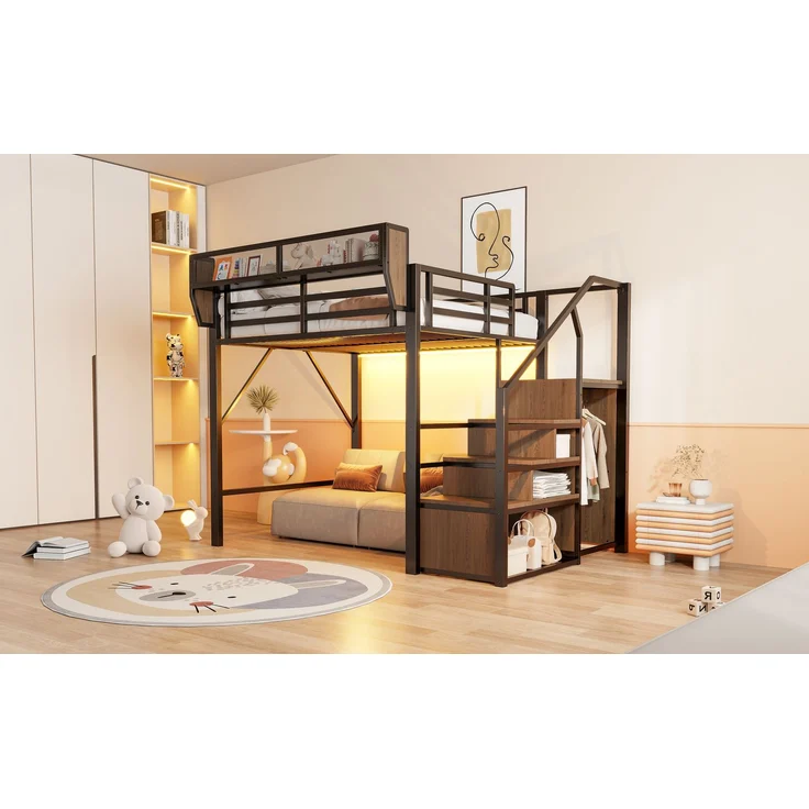 ZUBALIYA Hochbett 140 × 200 cm, Metall, LED-Beleuchtung, Leiter, Schwarz – Bild 20