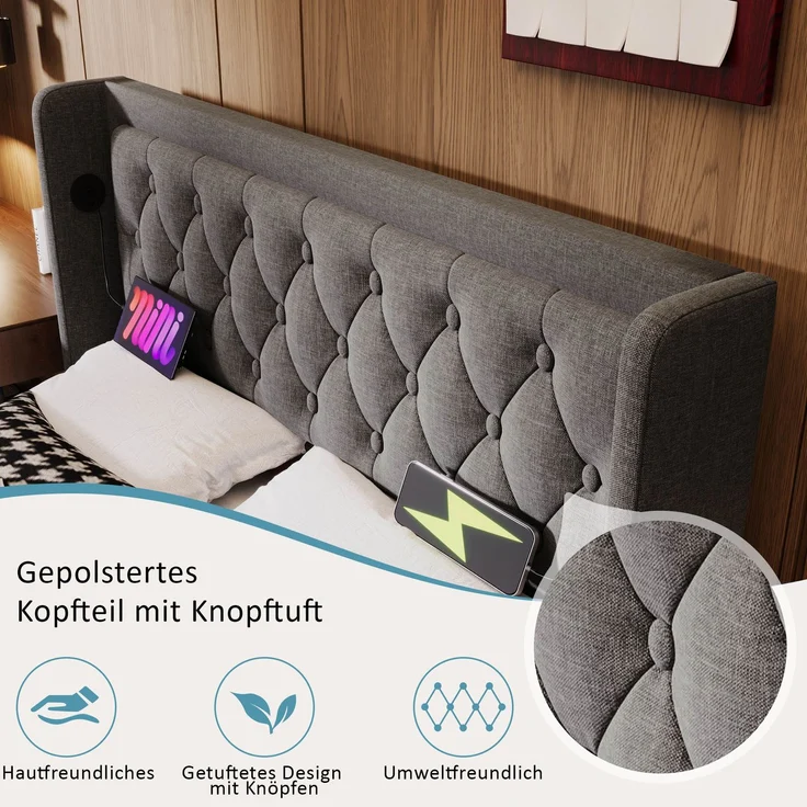 EINHOM Polsterbett Einzelbett 180 x 200 cm, Grau Baumwolle-Material Hydraulisches Stauraumbett, Gepolstertes Kopfteil mit USB Typ-C Ladefunktion, 3-Seitige LED-Funktion, (Ohne Matratze) – Bild 4