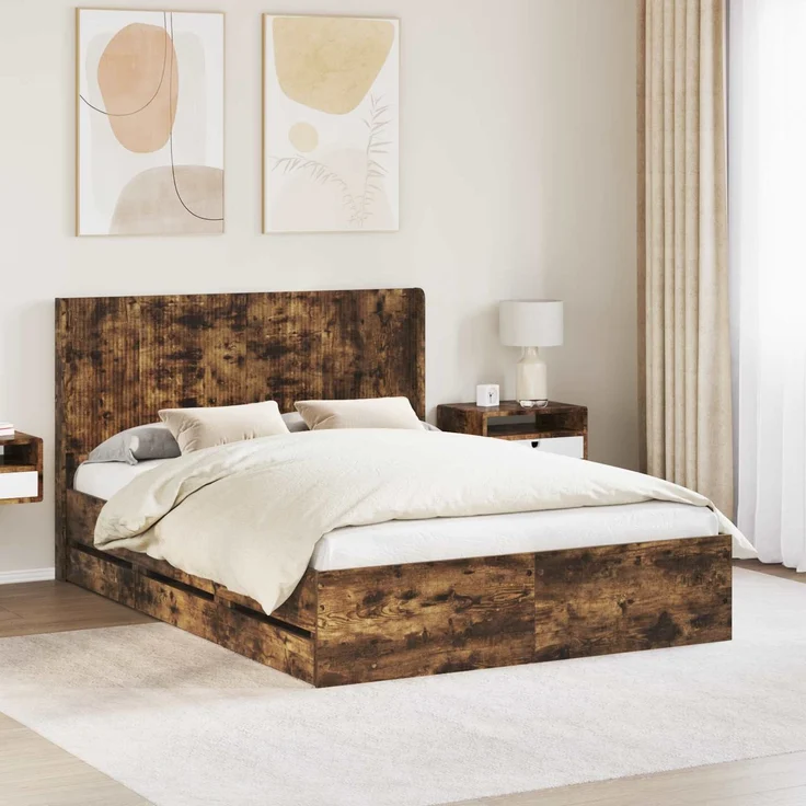 vidaXL Bettgestell mit Stauraum und Kopfteil Räuchereiche 135 x 190 cm 3413957 – Bild 1