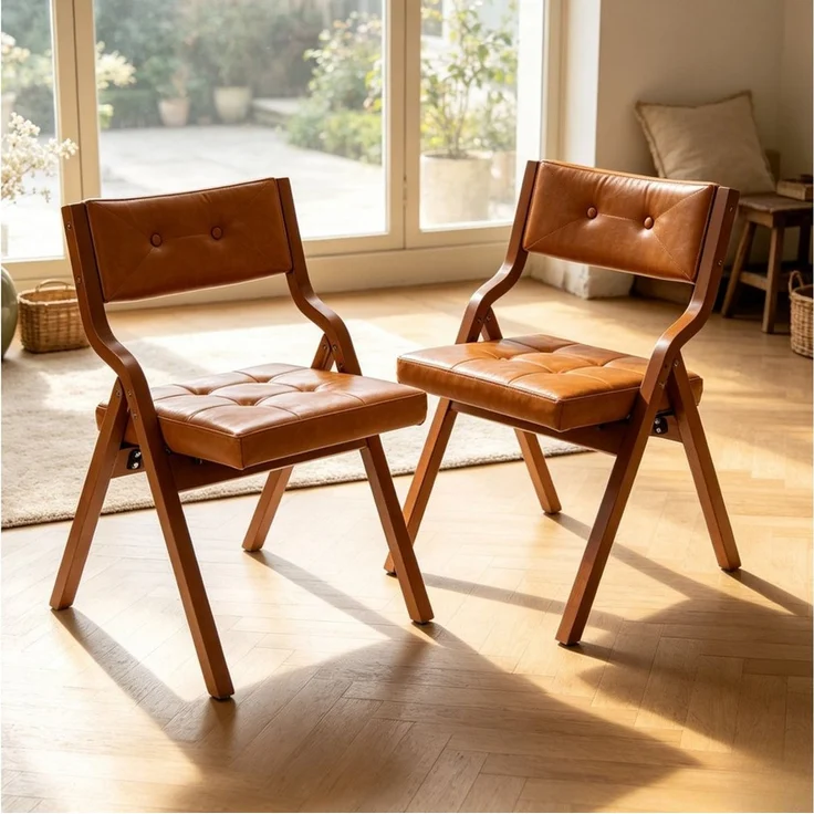 SeedWave Esszimmerstuhl 2er Set Klappstühle Kunstleder Faltstuhl mit Gebogenem Holzgestell (2er Set), Vintage-Lederoptik Folding Chair mit Knopfheftung, 130 kg belastbar – Bild 2