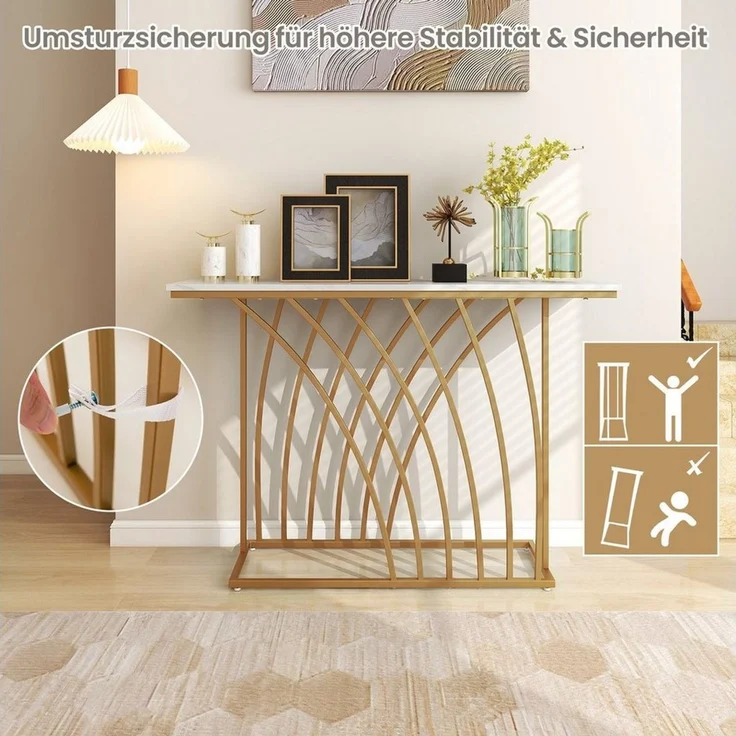 COSTWAY Konsolentisch, schmal, geometrischer Metallrahmen, Marmor, 120cm gold – Bild 3