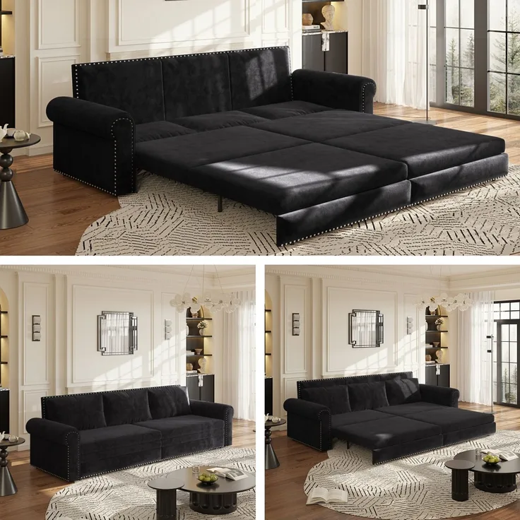 EINHOM 238 cm ausziehbares Schlafsofa, 3-in-1 umwandelbares Schlafsofa, mit Nagelkopfverzierung, Rollarmlehnen-Design, modernes Veloursstoff-3-Sitzer-Sofa, geeignet für Wohnzimmer oder Büro, Schwarz
