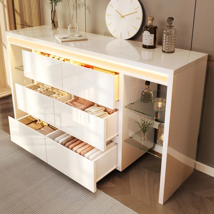 DESVIAE Sideboard Hochglanzweiß aus MDF/Spanplatte/Glas – 155x80x40 cm – 6 Schubladen, LED-Beleuchtung – Bild 3