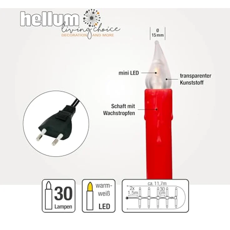 hellum Baumbeleuchtung, Lichterkette LED Kerzen rot, 30 LEDs warmweiß, Lichterkette Weihnachtsbaum innen, 8,7m beleuchtet + 2x1,5 m Zuleitung Kable grün, Christbaumkerzen Helligkeit – Bild 3