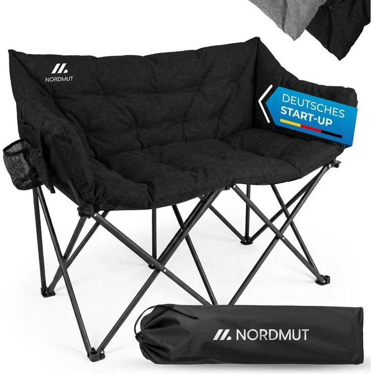 Nordmut Campingstuhl Campingsofa Klappbar 2 Personen 360 kg gepolstert mit Tragetasche (bis 360 kg belastbar mit Stahl Aluminium Rahmen), wetterfest klappbar mit Tragetasche & Seitentaschen – Bild 1