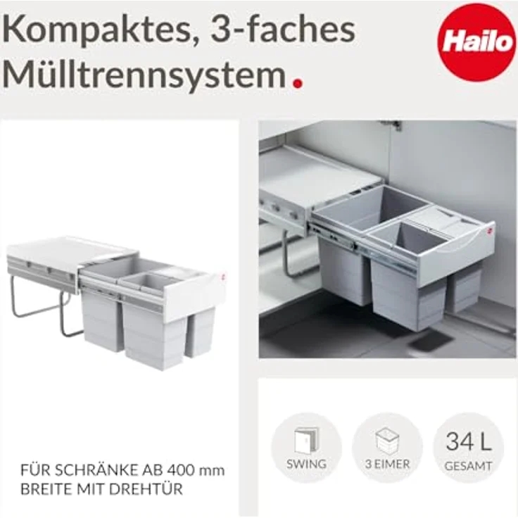 HAILO 3642-13 Abfallsorter 35 (18 + 2x8,5) Liter RAUMSPAR TANDEM ab 40 cm Schrankbreite – Bild 4