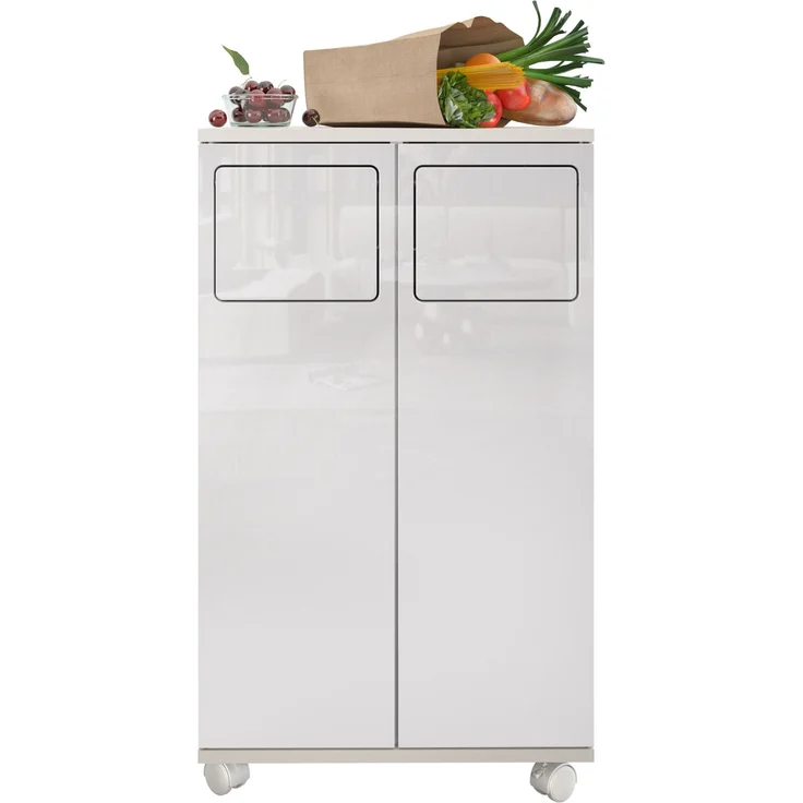 Mülltrennschrank 46,7 x 35 x 80,3 cm in Hochglanz-Weiß mit 2 Fächern und feststellbaren Rollen – Bild 4