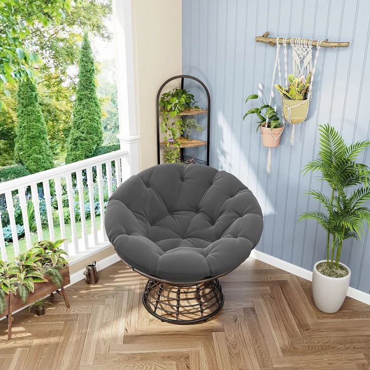 Bequemer, ergonomischer Papasan-Sessel aus Rattan, 360° drehbar, für drinnen und draußen, mit weichem, dickem Kissen, ideal für Wohnzimmer, Schlafzimmer und Leseecke, braunes Gestell mit grauem Kissen – Herde – 66 x 63 x 43 cm – YOUDENOVA – Bild 3