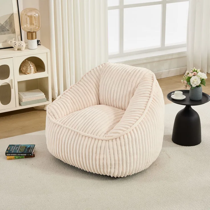 Bean Bag Stuhl mit Memory-Schaumstofffüllung, gestreifter Blasen-Plüsch, flauschig, gemütlich, gemütlicher Sofa für Wohnzimmer, Wohnungen und Schlafsäle--Beige--98x92x73cm--YOUDENOVA