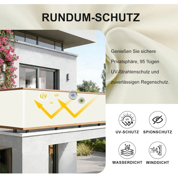 HENG FENG Balkon Sichtschutz 75x300 cm,160g/㎡ PES UV-Schutz Balkonverkleidung, Balkonabdeckung Wetterfest, mit Kabelbindern, Cremeweiß – Bild 3