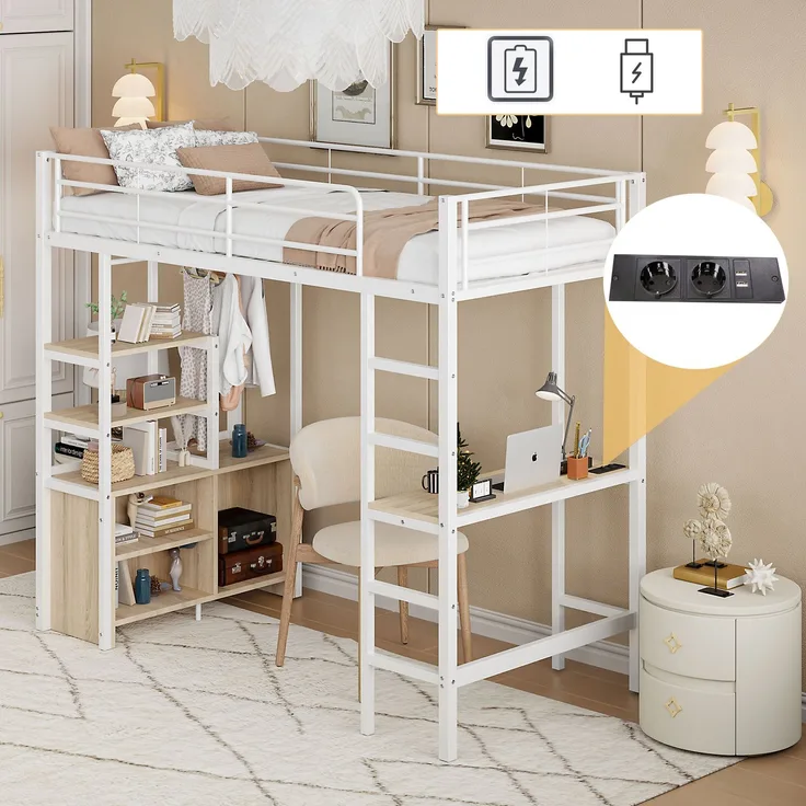 EINHOM Hochbett, 90 x 200 cm, Bett mit Schreibtisch, mit Steckdose und USB, Mehrere Regale, Offener Lagerschrank, Geländer, Leiter, Eisenrahmen, Weiß (Ohne Matratze)