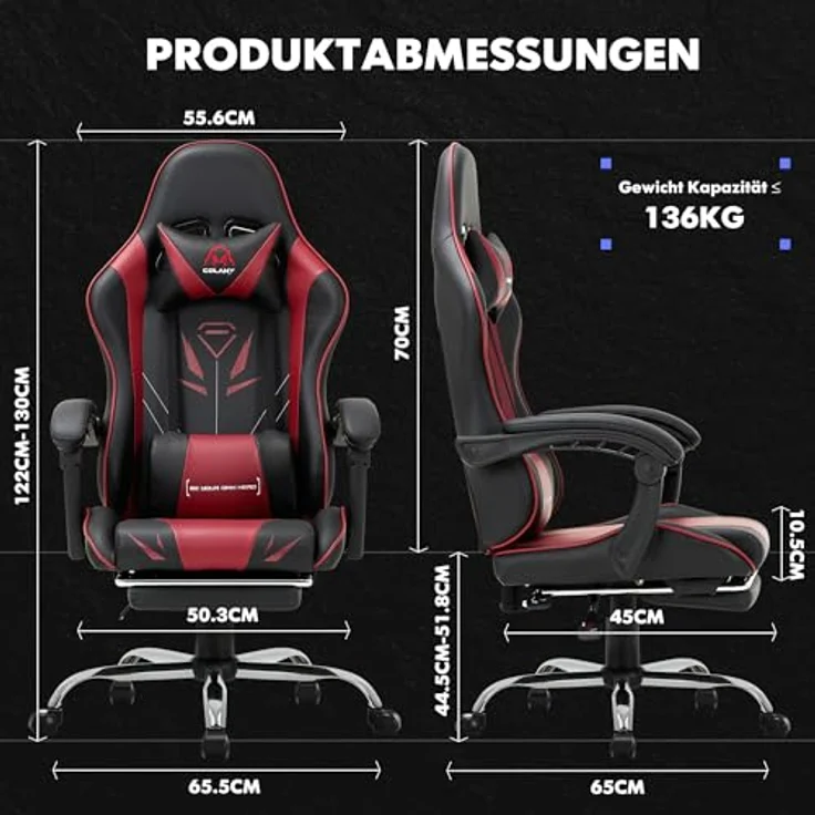 COLAMY Gaming Stuhl, Computer Stuhl mit Fußstütze und Lendenwirbelstütze, höhenverstellbarer Gaming Chair mit 360°-Drehsitz und Kopfstütze, Video Gamer PC Stuhl, Ergonomische hohe Rückenlehne, Rot – Bild 4