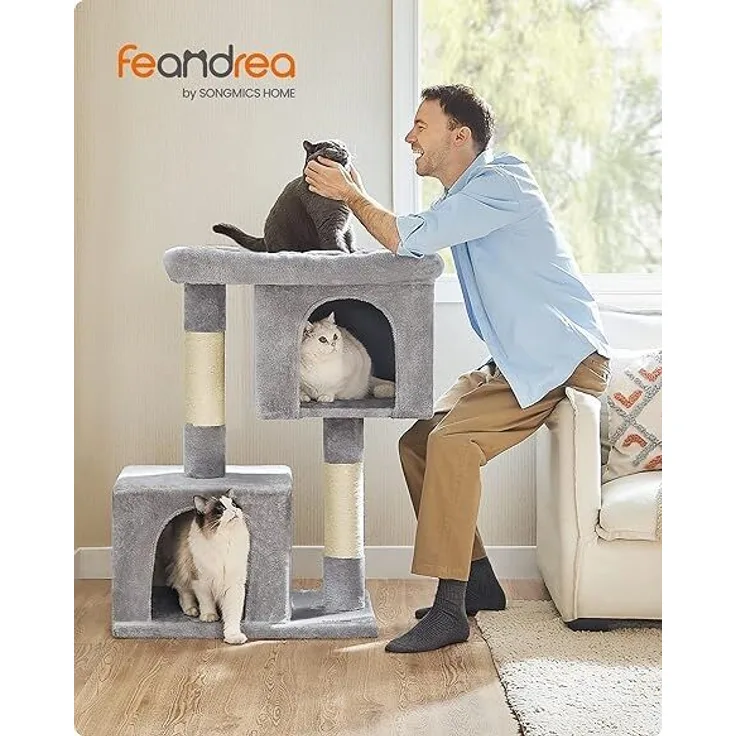 Feandrea Kratzbaum, 101 cm Katzenbaum, XL, Katzenhaus für extra große Katzen bis zu 20 kg, große Plattform, 2 Katzenhöhlen, Sisalstämme, hellgrau PCTDE614W01
