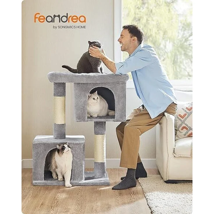 Feandrea Kratzbaum, 101 cm Katzenbaum, XL, Katzenhaus für extra große Katzen bis zu 20 kg, große Plattform, 2 Katzenhöhlen, Sisalstämme, hellgrau PCTDE614W01 – Bild 1
