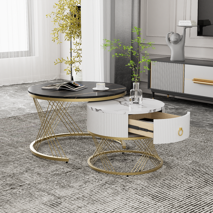 Couchtisch 2er Set 70×70+50×50 cm, Beistelltisch mit Schublade, Sofatisch in Marmoroptik Schwarz – Bild 7