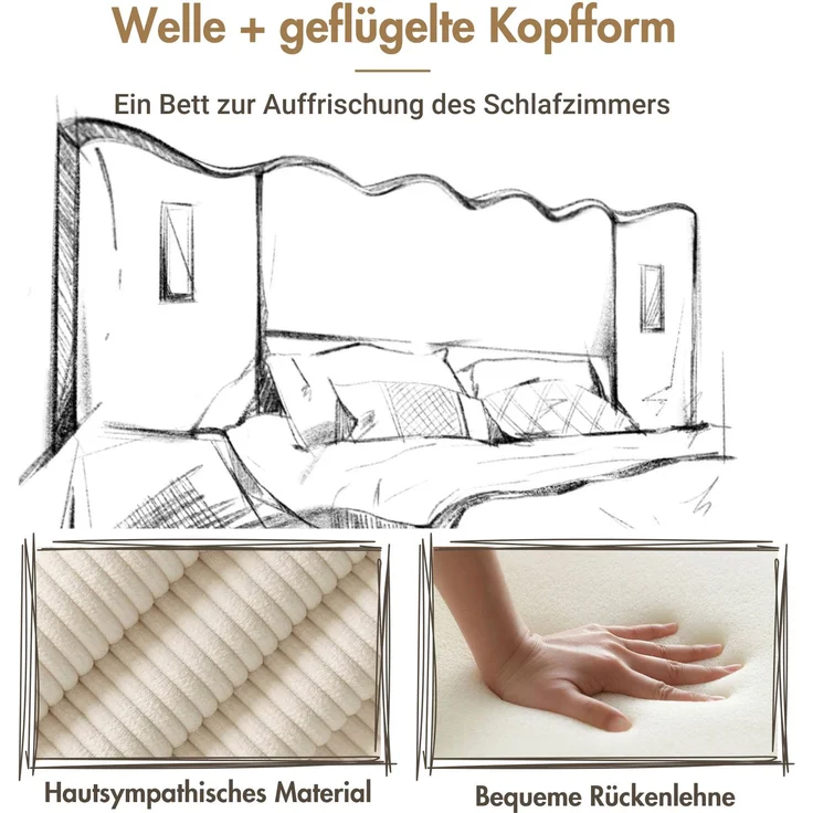 Holzbett 180x200 cm, mit hydraulischem Bettkasten, mit Lattenrost und ohne Matratze, mit Cordbezug, Beige – Bild 4