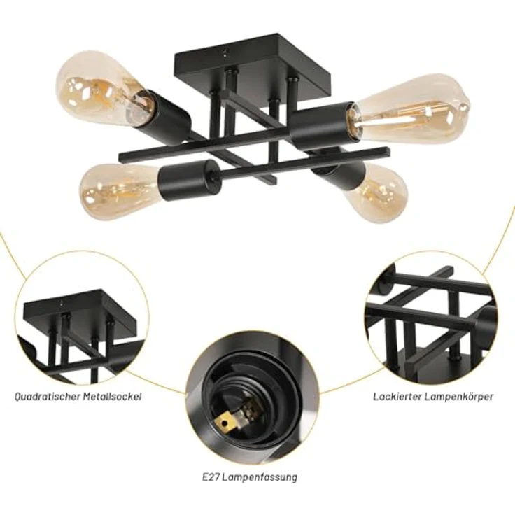 Goeco Deckenleuchte Vintage, Industrial Kronleuchter Lampe E27 4 Flammig Metall, Retro Deckenlampe Schwarz Pendelleuchte für Schlafzimmer, Wohnzimmer, Esszimmer, Küche – Bild 5