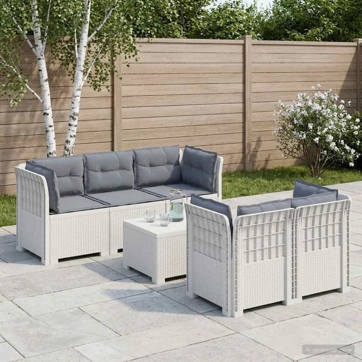 vidaXL 5-Sitzer Gartensofa mit Kissen Rattan-Look PP Weiß 3443917