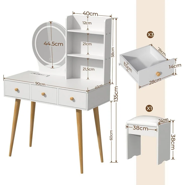 GLIESE Schminktisch mit Spiegel und Hocker Set mit 3 Farbtemperaturen & dimmbar (1-St, Frisierkommode, Schminkhocker), 2 Steckdose + 2 USB, mit 3 Schubladen + Föhnhalter, für Schlafzimmer – Bild 3