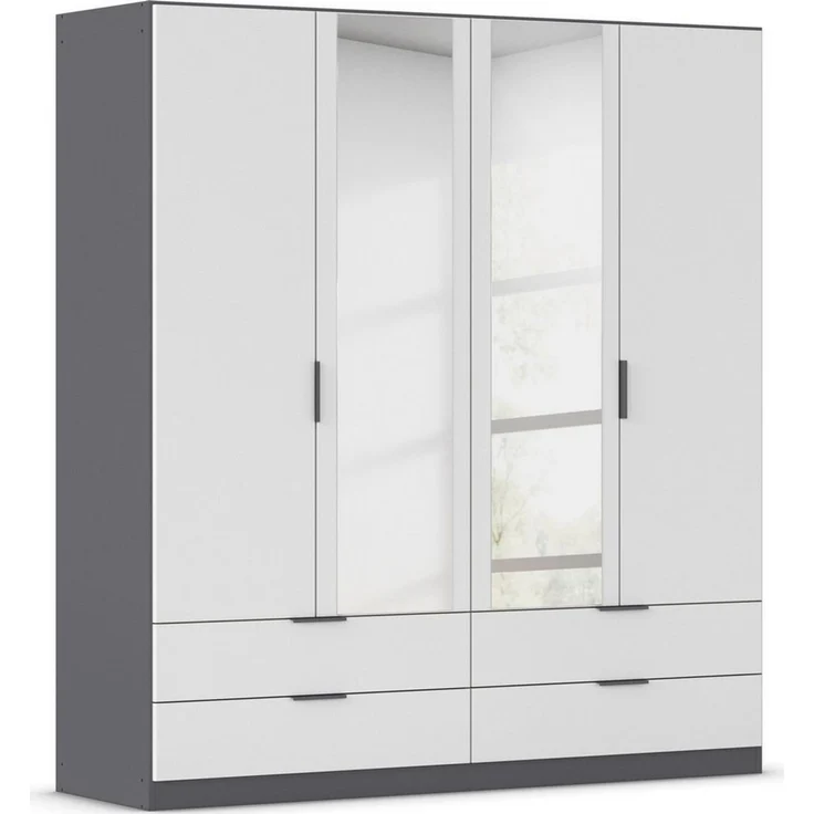 Rauch Möbel Lagoa, Kleiderschrank, Garderobe für Schlafzimmer, Kinderzimmer, Jugendzimmer 4-türig mit Spiegel, 4 Schubladen, mit Zubehör Premium, Farbe Weiß/Grau metallic, Schwarz, Breite 181 – Bild 1