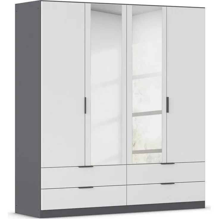 Rauch Möbel Lagoa, Kleiderschrank, Garderobe für Schlafzimmer, Kinderzimmer, Jugendzimmer 4-türig mit Spiegel, 4 Schubladen, mit Zubehör Premium, Farbe Weiß/Grau metallic, Schwarz, Breite 181