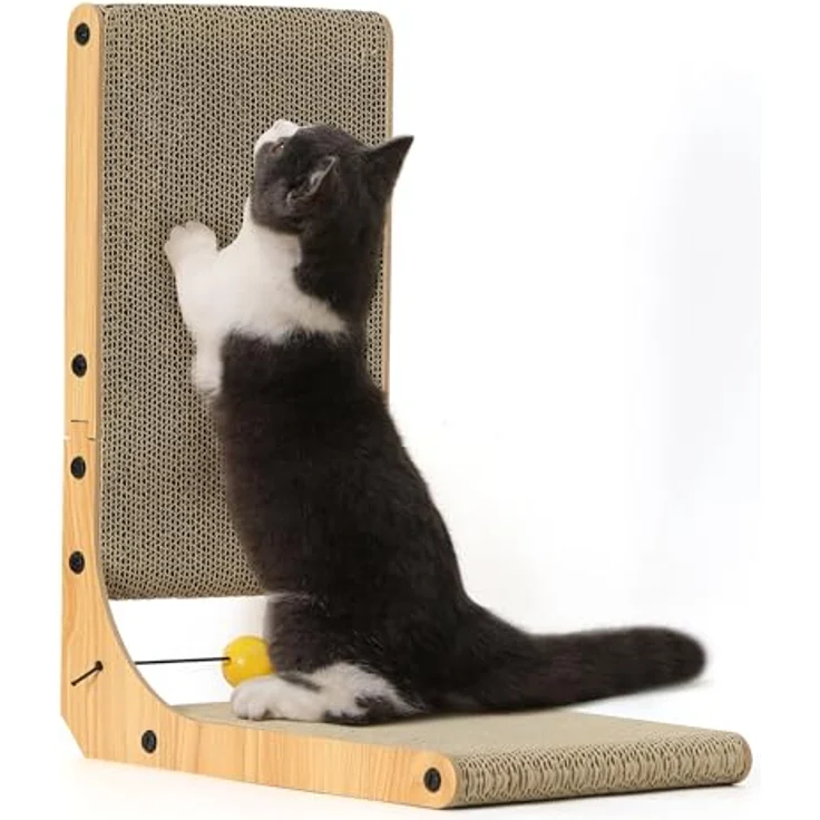 FUKUMARU Kratzbrett Katzen, 48 cm hohe L förmige Kratzpappe, widerstandsfähig Katzenkratzbrett mit Ballspielzeug, Katzen Kratzmöbel aus hochwertiger Karton für Wand und Ecke, Mittlere Größe – Bild 2