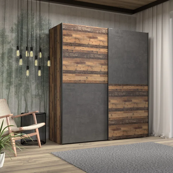 Forte 'Dederik' Schwebetürenschrank, Kleiderschrank, in Old Used Wood Shabby, 2-türig, 170x191 cm
