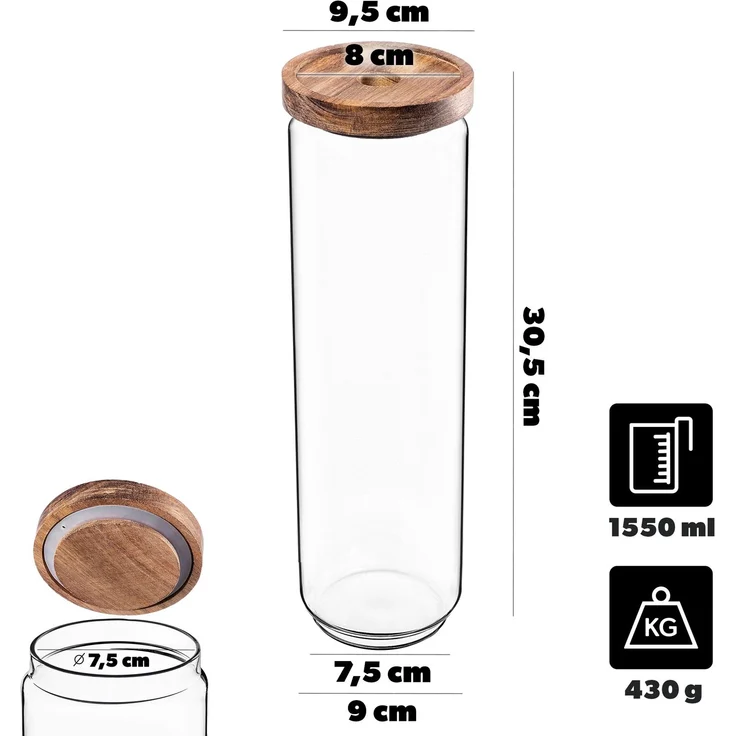 KADAX Vorratsglas 1550ml mit Holzdeckel, Glasbehälter zur Aufbewahrung von Lebensmitteln, Vorratsgläser mit Deckel, Vorratsbehälter aus Glas, Vorratsdosen – Bild 3