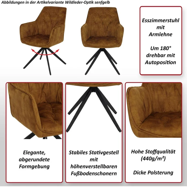 2er-Set Esszimmerstuhl HWC-L80, Küchenstuhl Armlehne drehbar Auto-Return Samt 440g/m² ~ Wildleder-Optik senfgelb – Bild 2