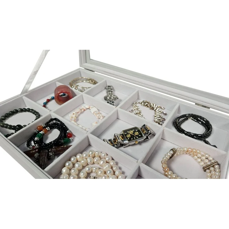 Yudu Schmuckkasten Schmucklade Schmuckkasten Schaukasten mit Glasdeckel Weiss – Bild 4