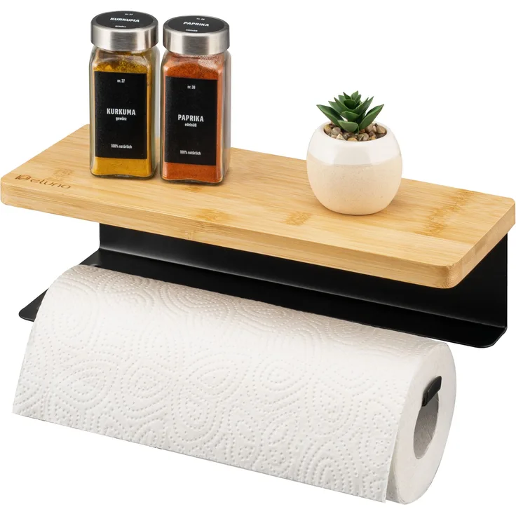 eluno Küchenrollenhalter mit Bambusablage aus Edelstahl in Schwarz, ca. 32 x 9,5 x 13 cm (B/H/T)