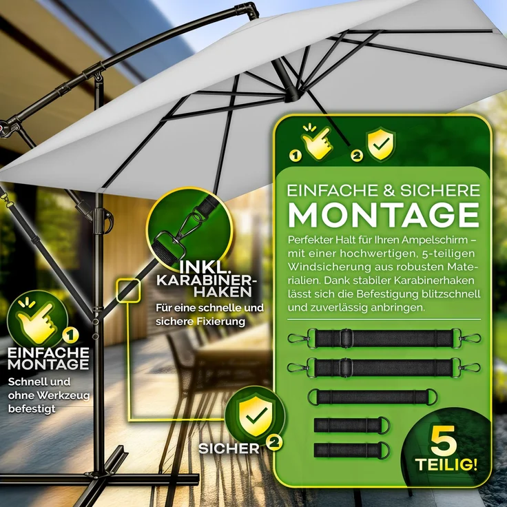 tillvex® Windsicherung für Ampelschirm bis Ø 400 cm | 5-tlg. Set mit Karabinerhaken | Sicherung für Sonnenschirm, Marktschirm & Doppelsonnenschirm | Wetterfest, winddicht, anpassbar & universal – Bild 2
