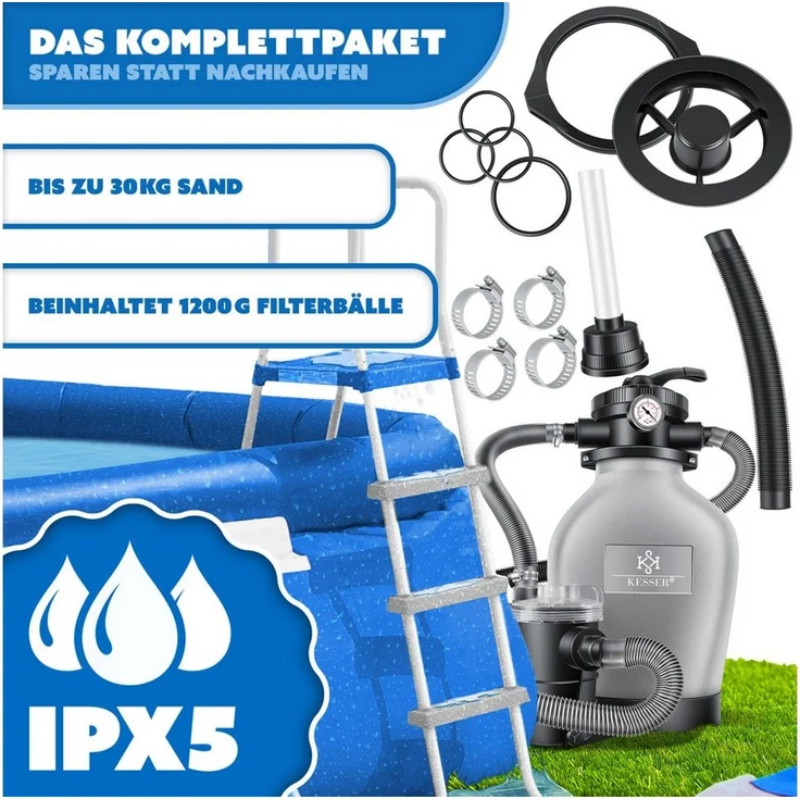 KESSER Sandfilteranlage 600W Sandfilter für Pools 13200L/h Durchfluss Poolfilter 7-Wege Ventil (Filteranlage mit Pumpe, 1200g Filterbälle Druckmanometer, Abdeckung), Tankvolumen für bis 30kg Sand Professionelle Poolwasserfilterung – Bild 4