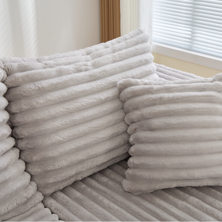 U-Form-Sofa aus Cord mit Getränkehalter & Seitentasche, 320x155x88 cm, Hellgrau – Bild 10