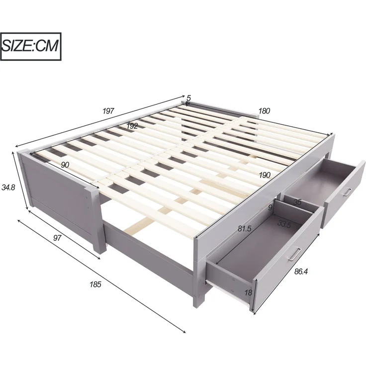 ZUBALIYA Tagesbett 90/180 × 190 cm, Holz, Ausziehbett, Schubladen, Lattenrost, Grau – Bild 14