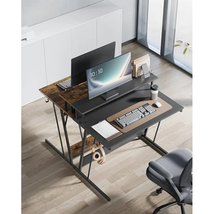 Vasagle Schreibtisch, Gaming Tisch mit eingebauter Steckdosenleiste, Computertisch, mit Monitorständer für 2 Monitore, Schlafzimmer, 60 x 100 x 76 cm, rußschwarz LWDDE191B02 – Bild 2