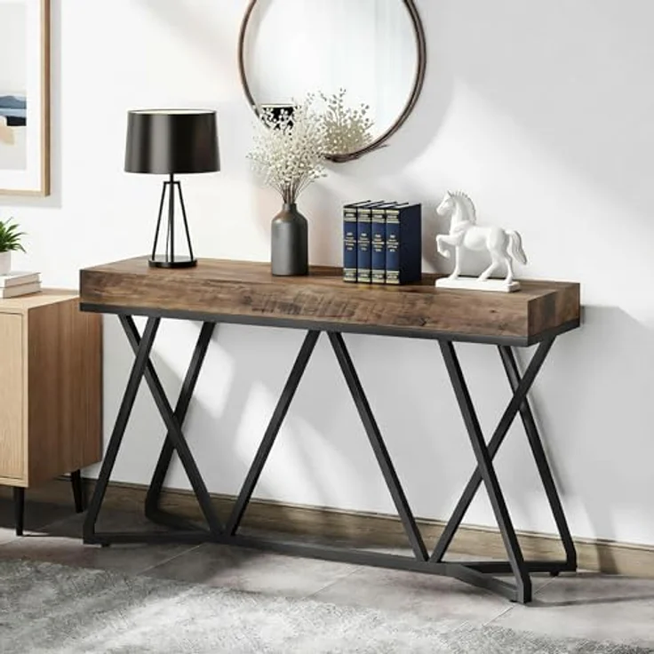 LITTLE TREE Konsolentisch mit Metallgestell, 140 cm Sofatisch im Industrial Landhausstil, Hoher Eintrittstisch für Flur & Wohnzimmer, Rustikale Holzoptik, Stabile Konstruktion, Rustikales Braun – Bild 2