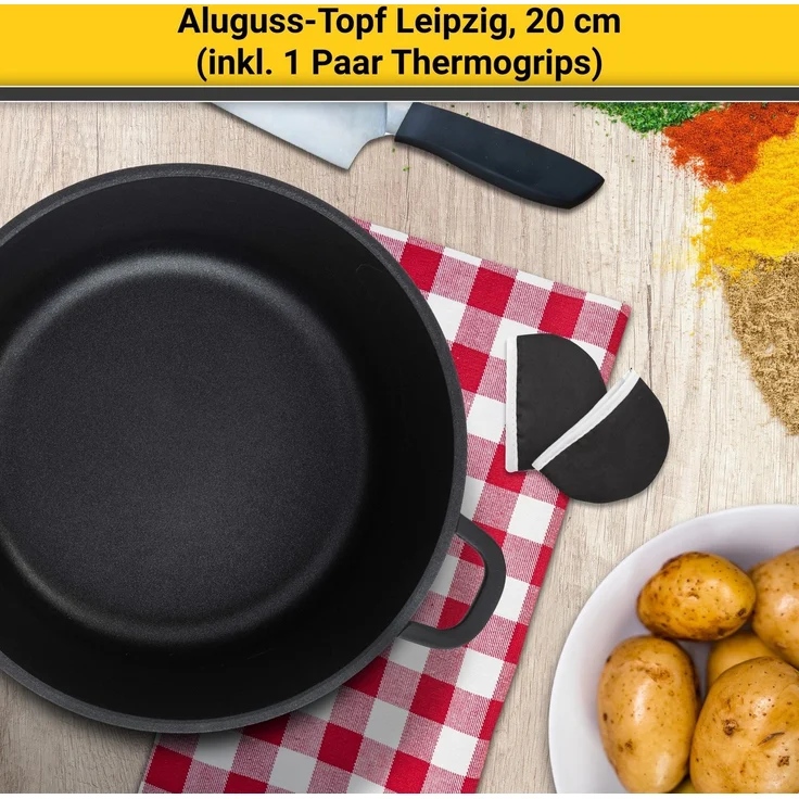 Krüger Fleischtopf Aluguss Fleischtopf mit Glasdeckel inkl. Thermogrips LEIPZIG, Aluminiumguss (1-tlg), hochwertige Antihaft-Versiegelung – Bild 2